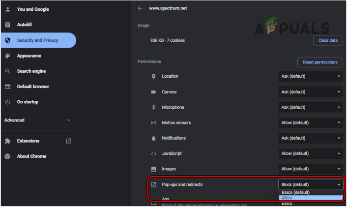 select the pop-ups and redirects option
